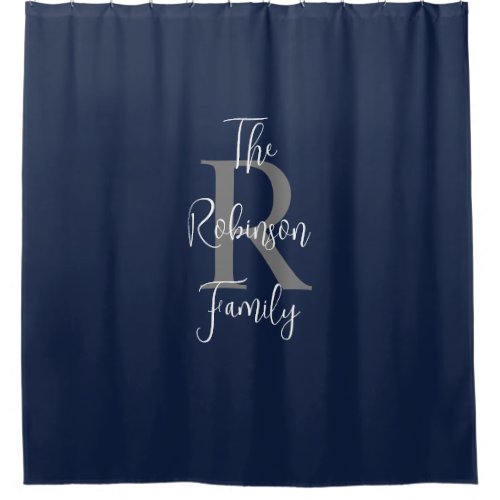 Navy Blue White Gray Family Name Monogrammed  Shower Curtain