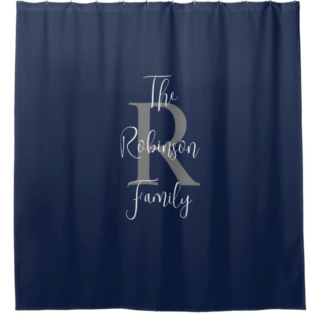 Navy Blue White Gray Family Name Monogrammed  Shower Curtain (Front)