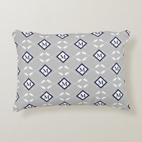 Navy Blue White Gray Monogram Paddle Pattern Accent Pillow