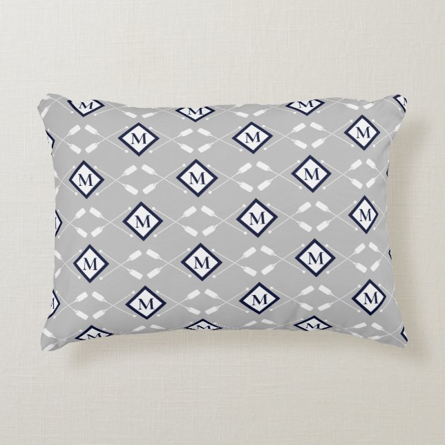 Navy Blue White Gray Monogram Paddle Pattern Accent Pillow (Front)