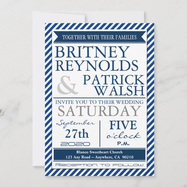 Navy Blue White Gray Nautical Wedding Invitations (Back)