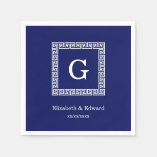 Navy Blue White Greek Key #1 Framed Monogram Napkins