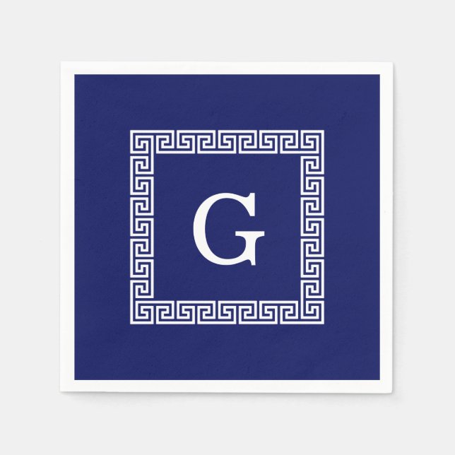 Navy Blue White Greek Key #1 Framed Monogram Paper Napkins (Front)