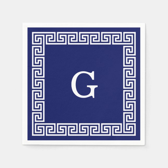 Navy Blue White Greek Key #1 Framed Monogram Paper Napkins (Front)