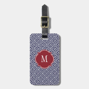 Navy Blue & White Greek Key Monogram Luggage Tag