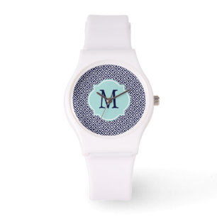 Navy Blue & White Greek Key Pattern Watch