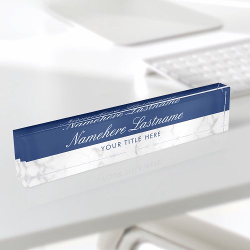 Navy Blue White Grey Marble Elegant Script Desk Name Plate