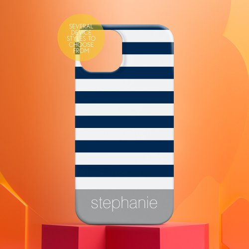 Navy Blue White Grey Striped Pattern Modern Name iPhone 13 Pro Max Case