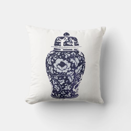 Navy Blue White Hamptons Montauk Ginger Jar Vase Throw Pillow