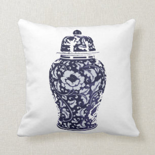 Navy Blue White Hamptons Montauk Ginger Jar Vase Throw Pillow