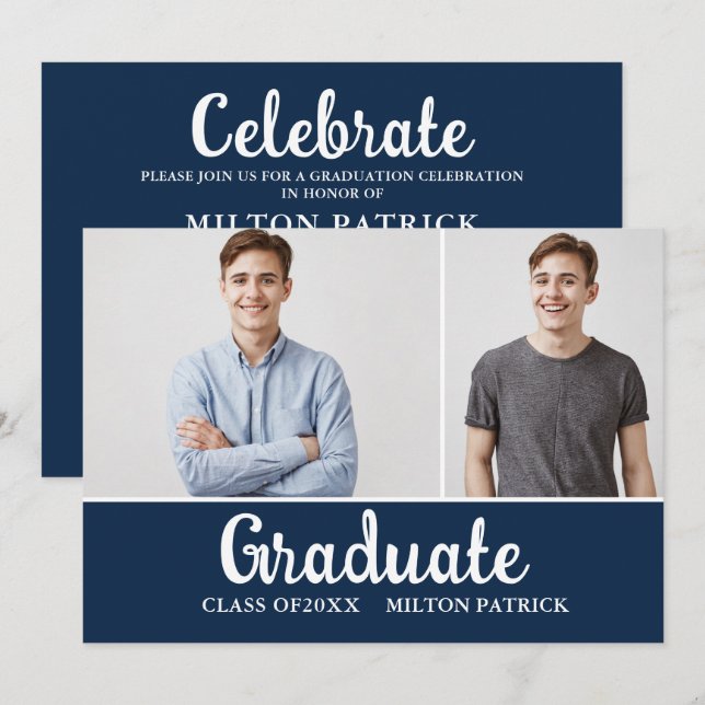 Navy Blue White Handwriting Photo Graduation Party Invitation (Front/Back)