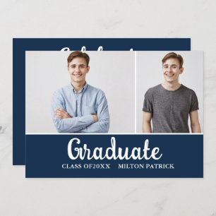 Navy Blue White Handwriting Photo Graduation Party Invitation