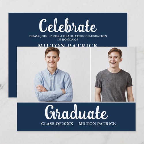 Navy Blue White Handwriting Photo Graduation Party Card