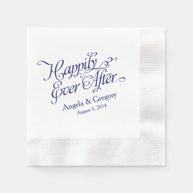 Navy Blue White Happily Ever After Wedding Paper Napkins (Front)