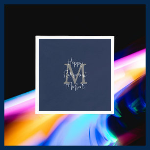 Navy Blue White Happy Retirement Name Monogram  Napkins