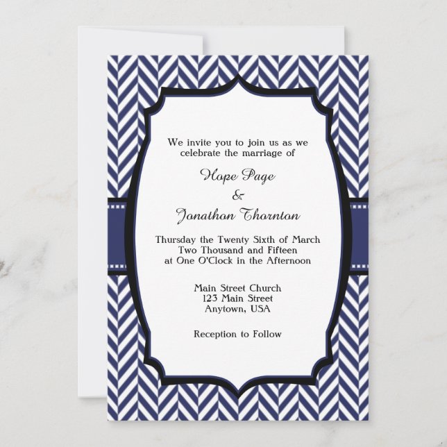Navy Blue White Herringbone Wedding Invitation (Front)