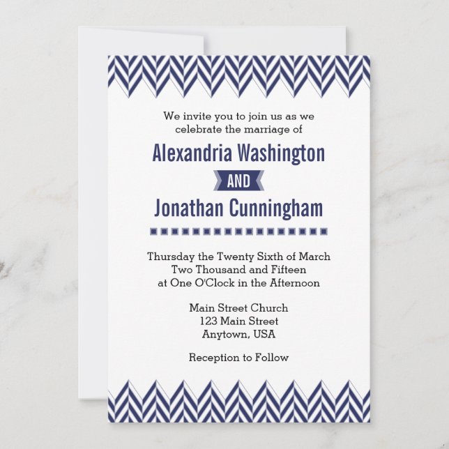 Navy Blue White Herringbone Wedding Invitation (Front)