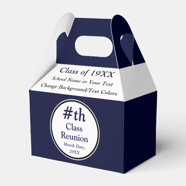 Navy Blue, White, High School Reunion Favor Boxes (Front Side)