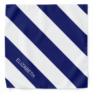 Navy Blue White Horiz Preppy Stripe #3 Monogram Bandana