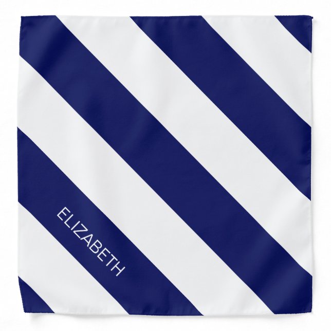Navy Blue White Horiz Preppy Stripe #3 Monogram Bandana (Front)