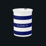 Navy Blue White Horiz Preppy Stripe #3 Monogram Beverage Pitcher<br><div class="desc">Classic Navy Blue and White Preppy Horizontal Rugby Stripes #3 Name Monogram A stylish bold horizontal stripe pattern with a template for your name, initials or other text. You can also customize the text font, font color, font size and rotation, move or remove the sample text, add additional text fields,...</div>