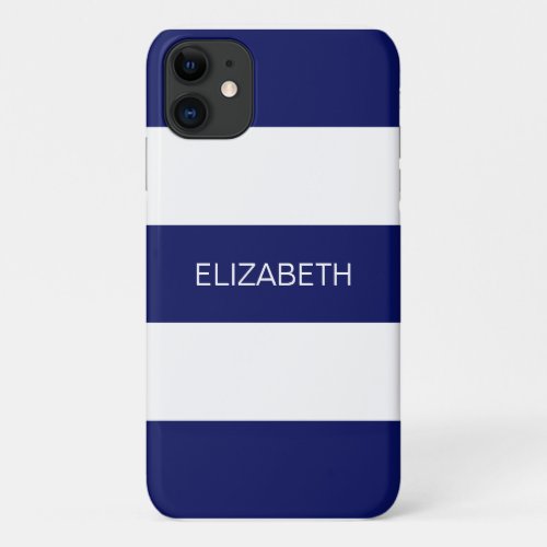 Navy Blue White Horiz Preppy Stripe 3 Monogram iPhone 11 Case