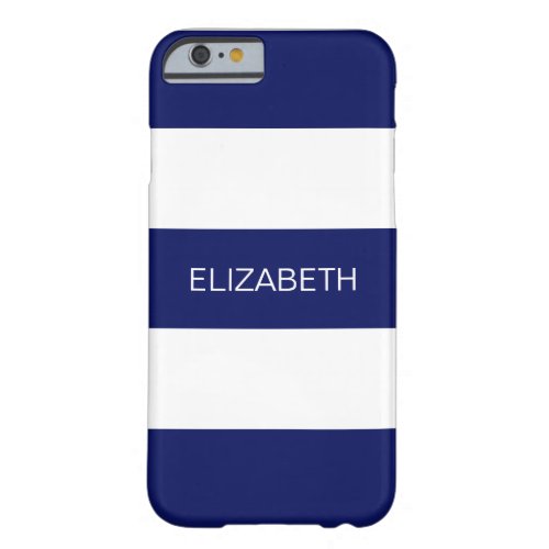 Navy Blue White Horiz Preppy Stripe 3 Monogram Barely There iPhone 6 Case