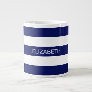 Navy Blue White Horiz Preppy Stripe #3 Monogram Large Coffee Mug