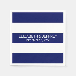Navy Blue White Horiz Preppy Stripe #3 Monogram Paper Napkins