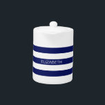 Navy Blue White Horiz Preppy Stripe #3 Monogram Teapot<br><div class="desc">Classic Navy Blue and White Preppy Horizontal Rugby Stripes #3 Name Monogram A stylish bold horizontal stripe pattern with a template for your name, initials or other text. You can also customize the text font, font color, font size and rotation, move or remove the sample text, add additional text fields,...</div>