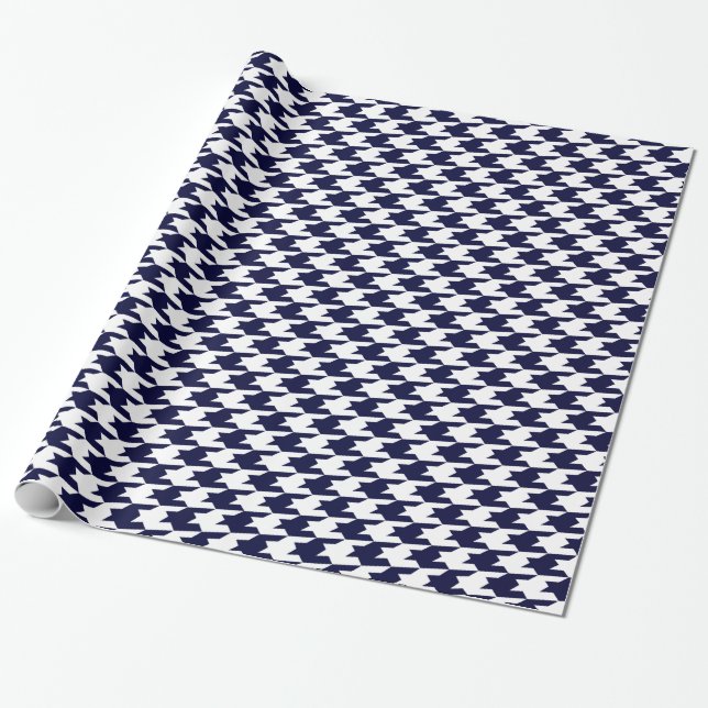 Navy Blue & White Houndstooth Pattern Wrapping Paper (Unrolled)