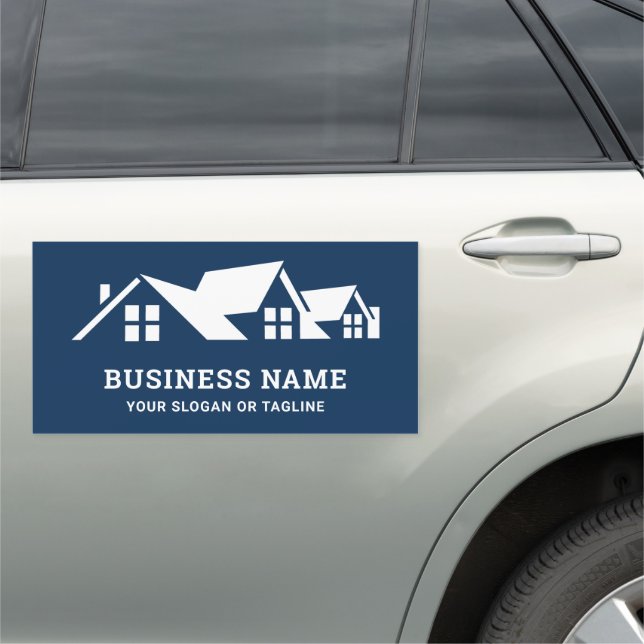 Navy Blue White House Roofing Construction Roofer Car Magnet (In Situ)