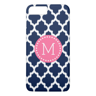 Navy-Blue & White Ikat Quatrefoil Pink Accents iPhone 8 Plus/7 Plus Case