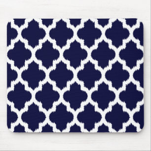 Navy Blue & White Ikat Tribal Geometric Pattern Mouse Pad