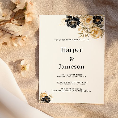 Navy blue white ivory gold peony floral Wedding Invitation