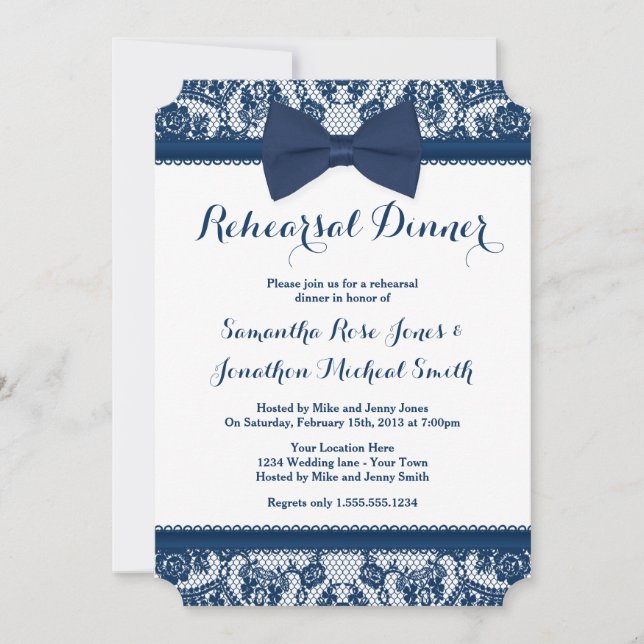 Navy Blue & White Lace Bow Rehearsal Dinner Invitation (Front)