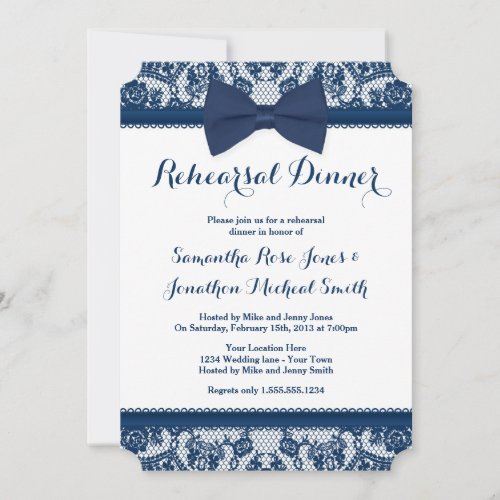 Navy Blue &amp; White Lace Bow Rehearsal Dinner Invite