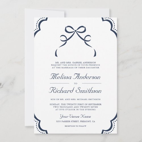 Navy Blue White Lace Coquette Bow QR Code Wedding Invitation
