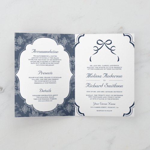 Navy Blue White Lace Coquette Bow QR Code Wedding Invitation