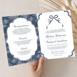 Navy Blue White Lace Coquette Bow QR Code Wedding Invitation