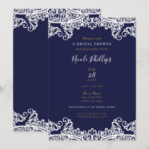 Navy Blue & White Lace Elegant Bridal Shower Invitation