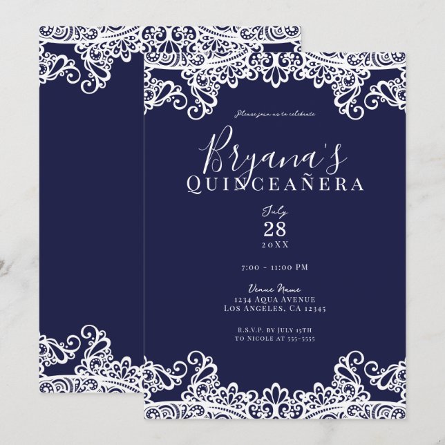 Navy Blue & White Lace Elegant Quinceañera Invitation (Front/Back)