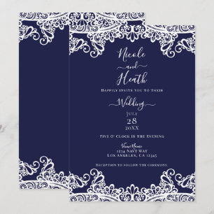 Navy Blue & White Lace Elegant Wedding Invitation