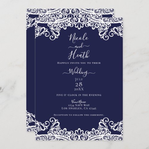 Navy Blue  White Lace Elegant Wedding Invitation