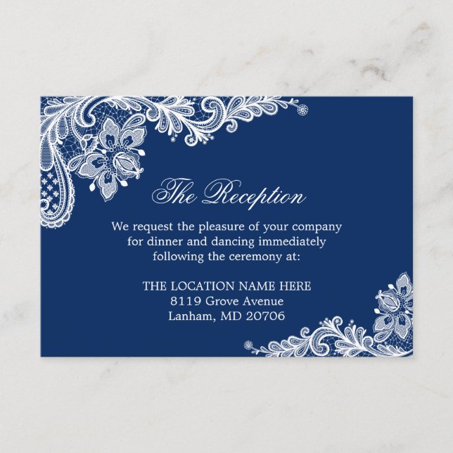 Navy Blue White Lace Wedding Information Details Enclosure Card (Front)