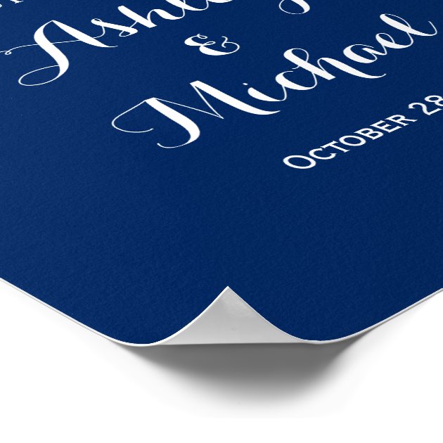 Navy Blue White Lace Wedding Reception Sign Poster