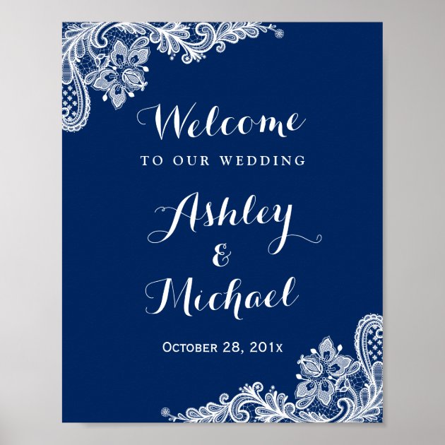 Navy Blue White Lace Wedding Reception Sign Poster