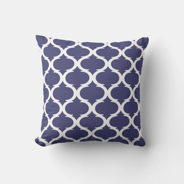 Navy Blue White Lake House Moroccan Quatrefoil Throw Pillow (Front)