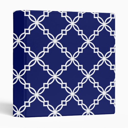 Navy Blue White Large Fancy Quatrefoil Pattern 3 Ring Binder