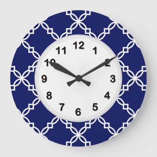 Navy Blue White Large Fancy Quatrefoil Pattern Large Clock